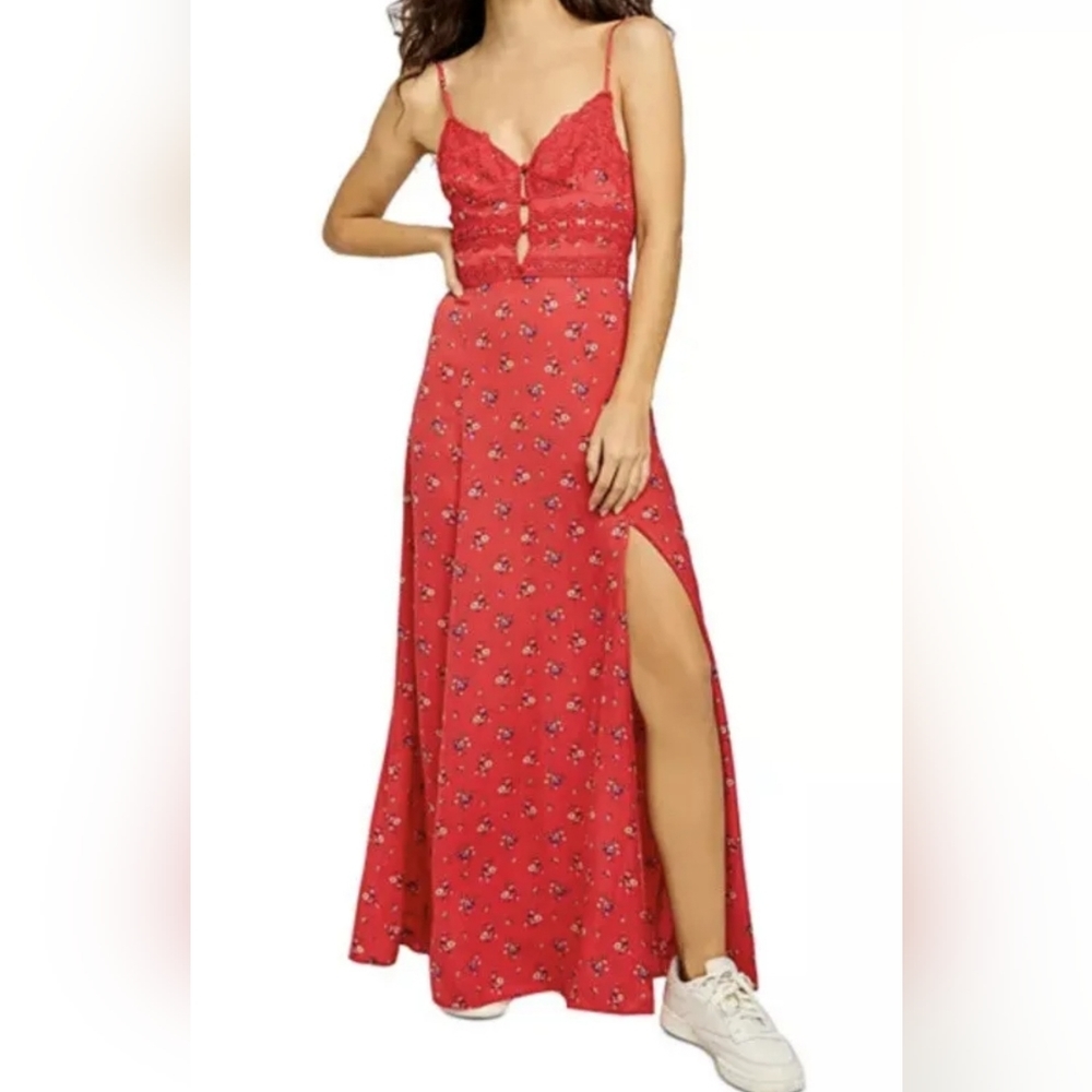 FREE People Out And About Maxi Slip Dress Red Combo Floral XS